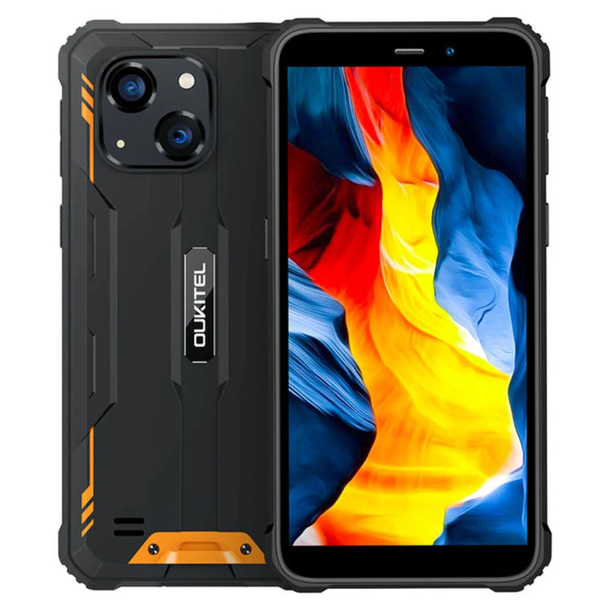 Smartphone rugged nero e arancione, mostra doppie fotocamere e schermo con immagine.