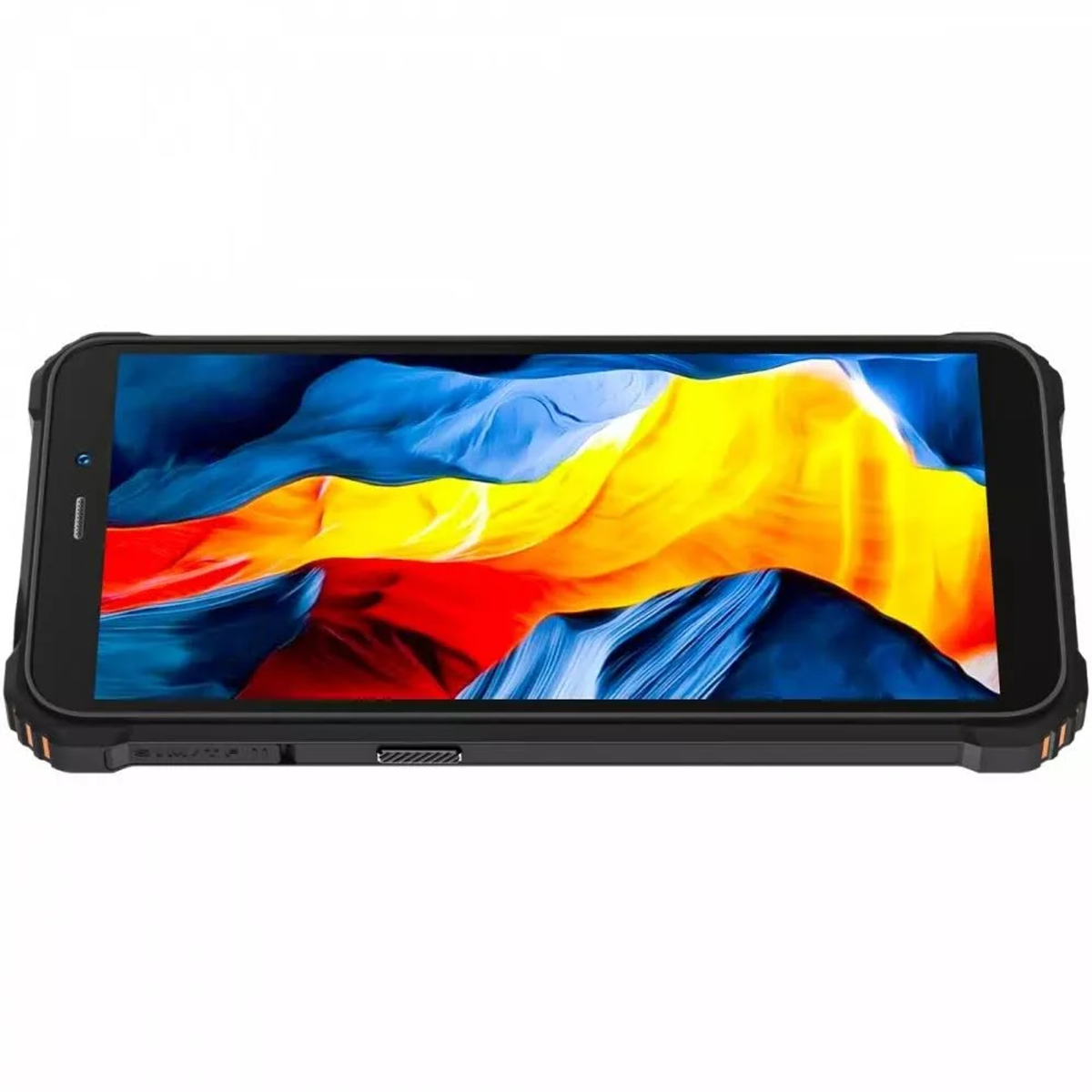 Un telefono nero con schermo che mostra un display astratto colorato. Il telefono ha una custodia protettiva nera.