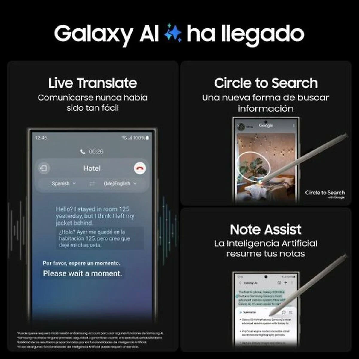 Se muestran las funciones de IA de Samsung Galaxy. Se presentan Live Translate, Circle to Search y Note Assist.