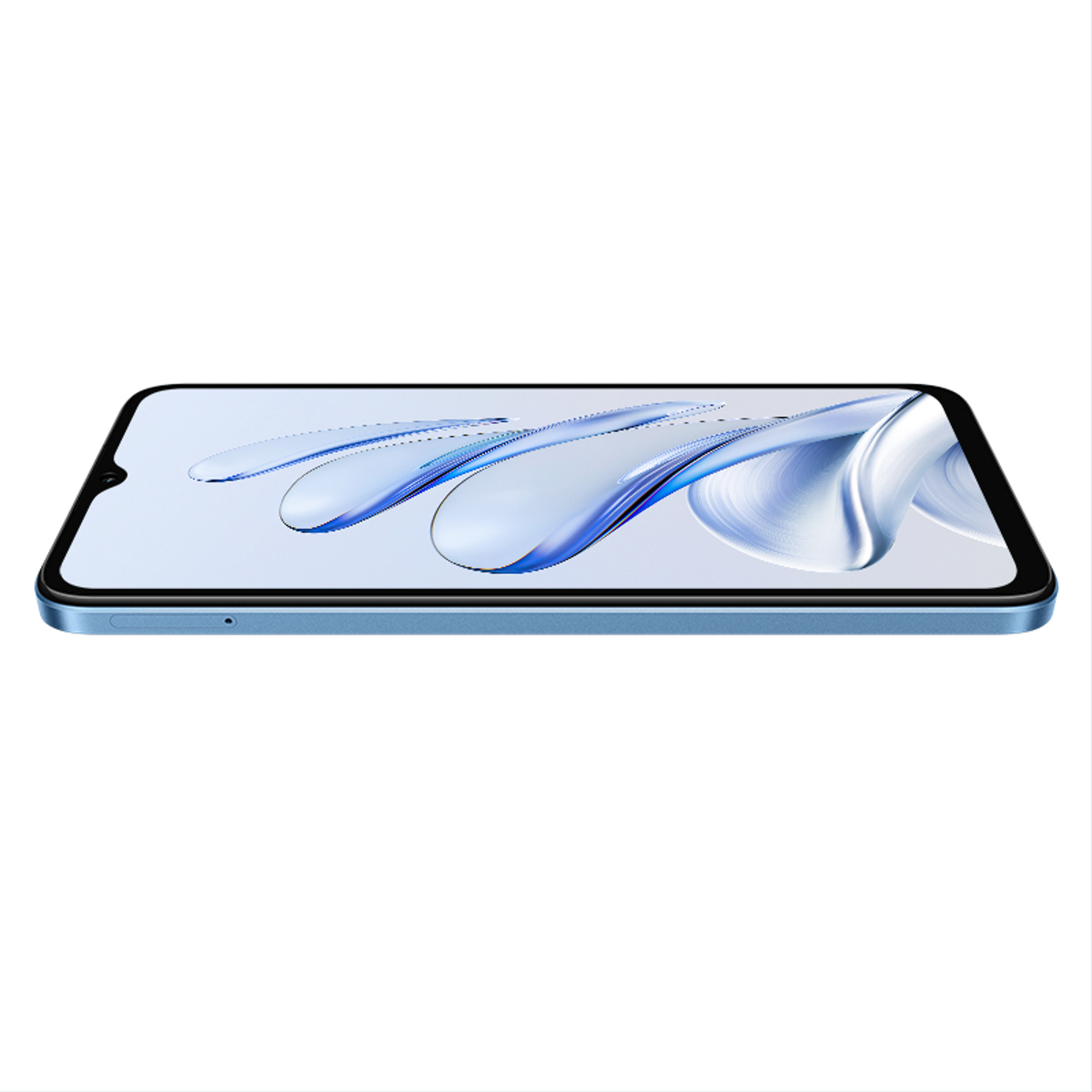 Teléfono azul con pantalla curva mostrando un diseño abstracto azul y blanco.
