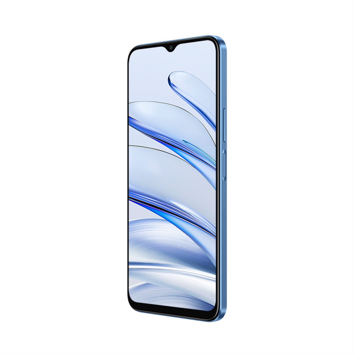 Un smartphone azul, vista en ángulo, mostrando un diseño abstracto azul claro y blanco en la pantalla.