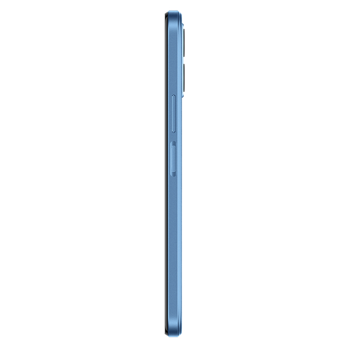Smartphone azul mostrando el lateral con botones y control de volumen.