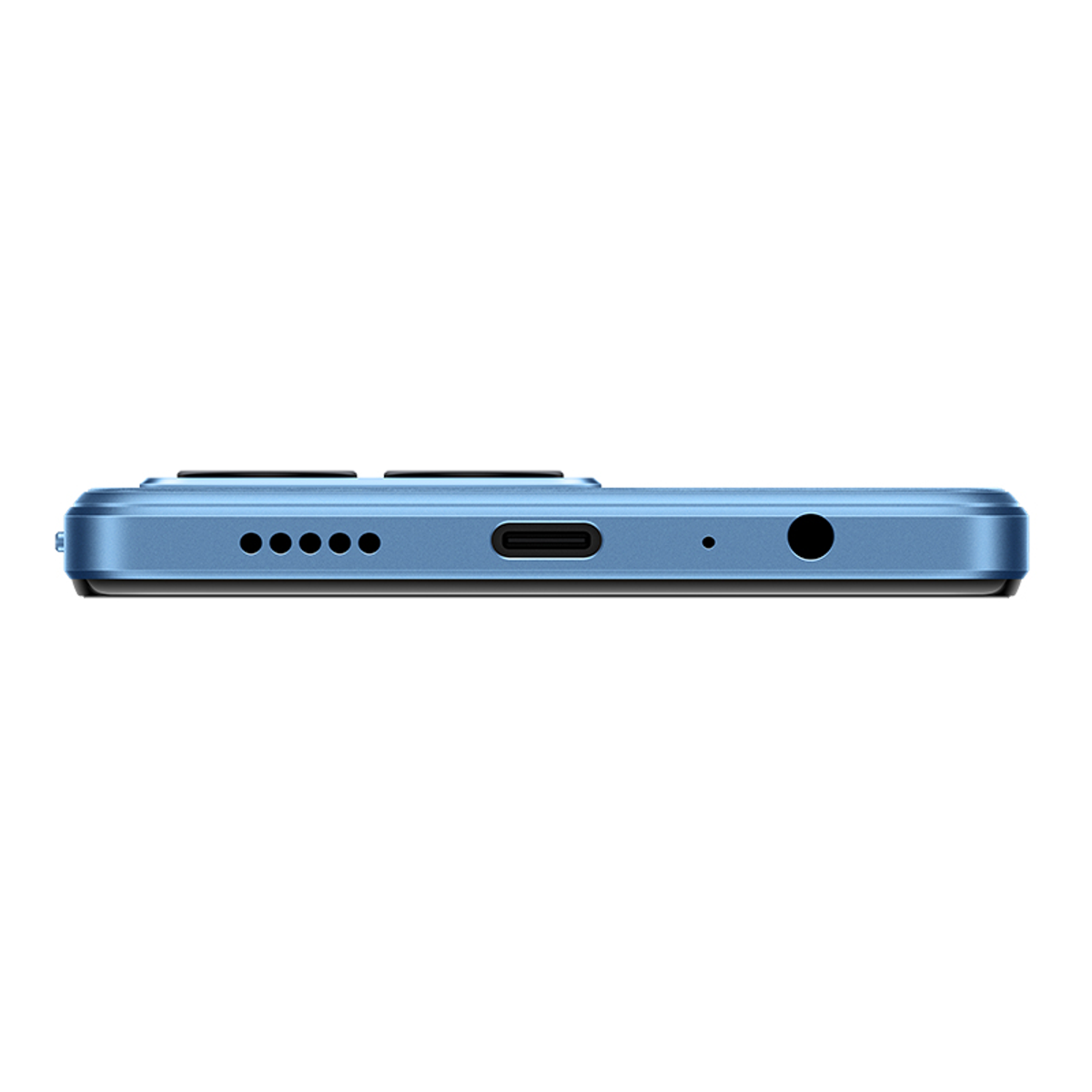 Borde inferior de smartphone azul mostrando puerto de carga, conector de auriculares y altavoces.