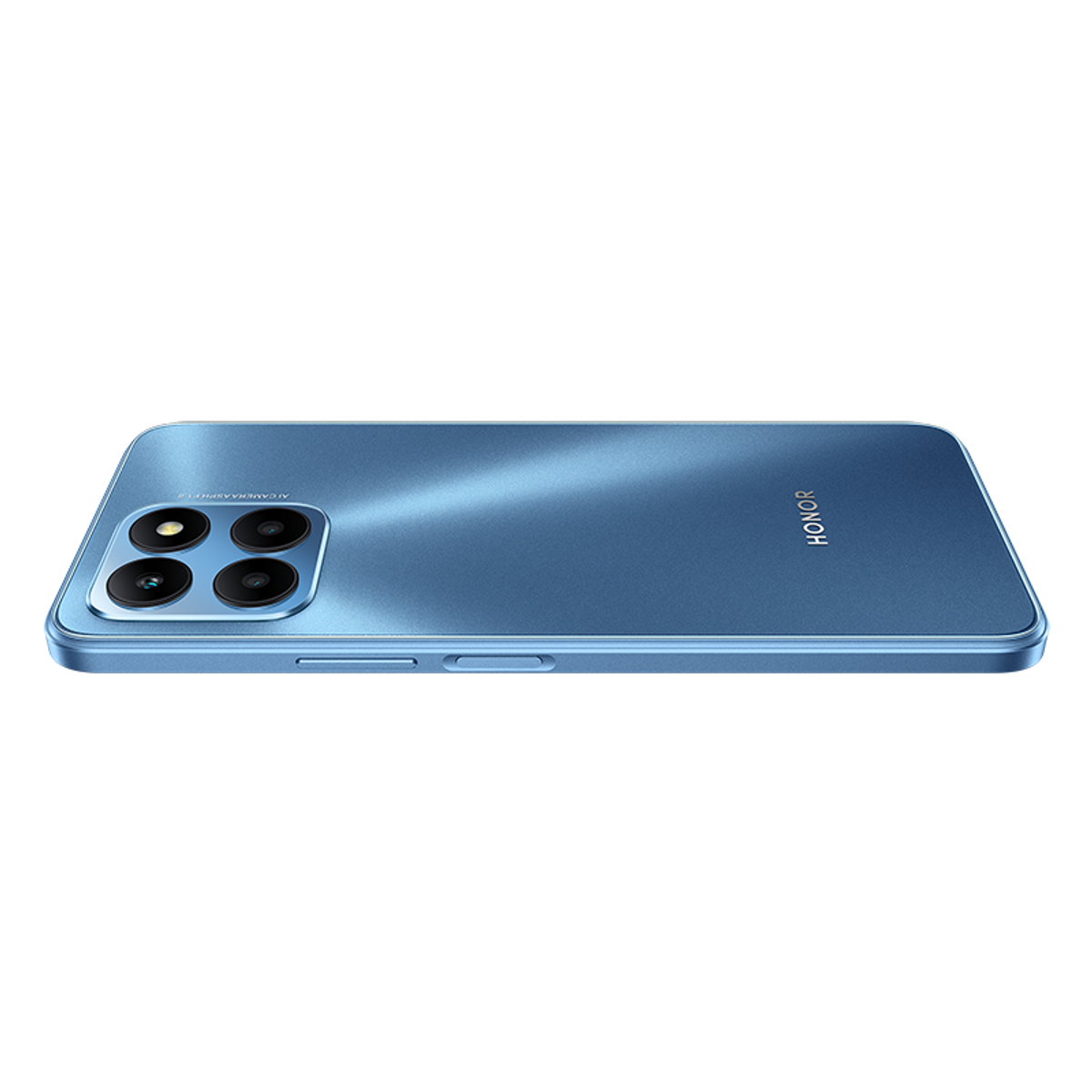 Smartphone azul, vista superior. Parte trasera con cámara, logo Honor, botones.