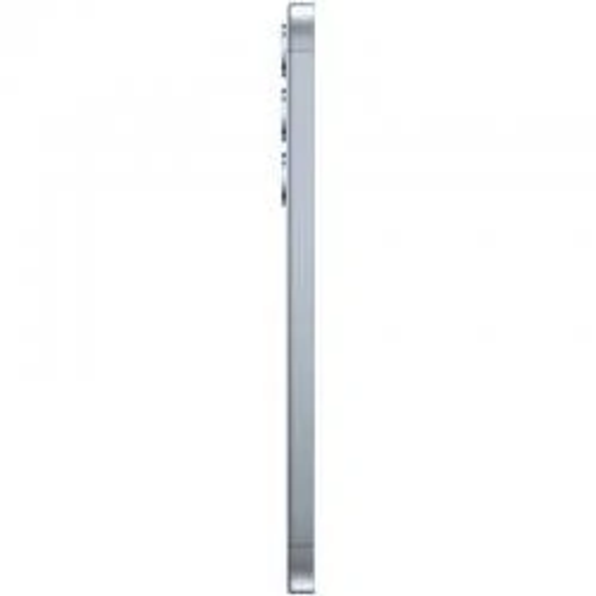 Widok z boku srebrnego telefonu. Potrójny aparat. Elegancki design.