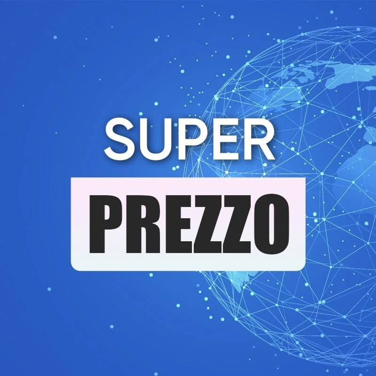 Tekst Super Cena na niebieskim tle z obrysem globu.