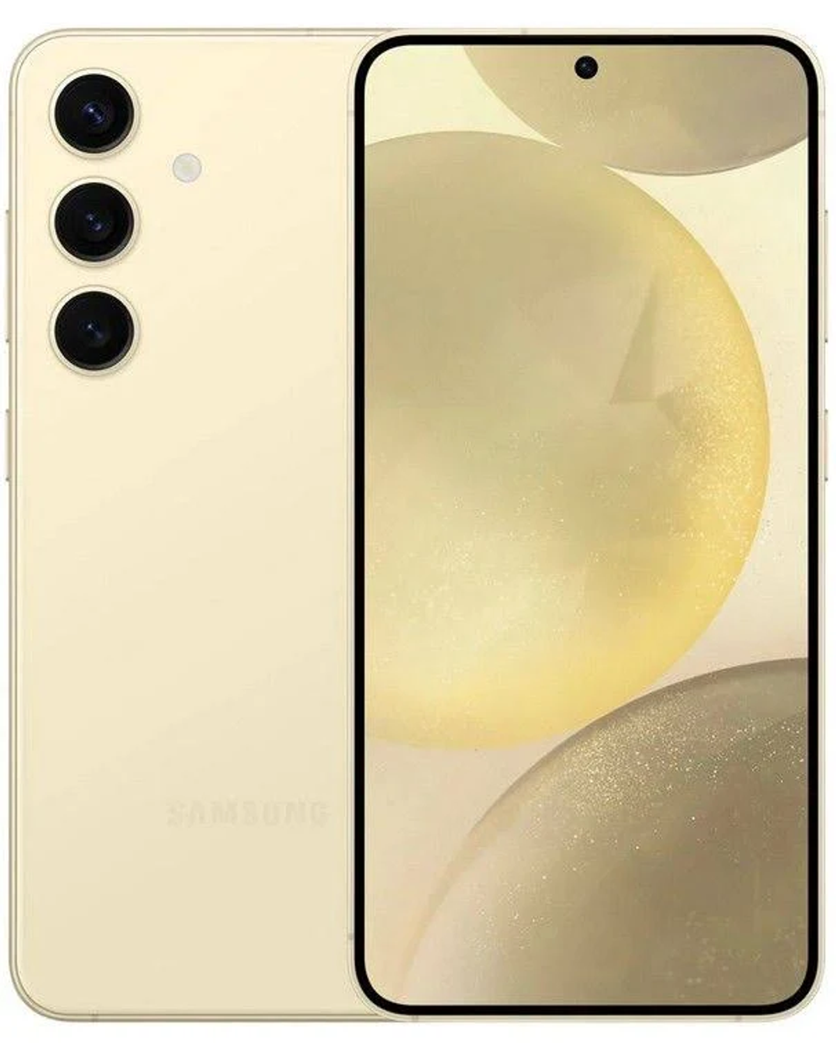 Kremowy telefon z trzema aparatami. Ekran pokazuje żółte kule. Tył z logo Samsung.