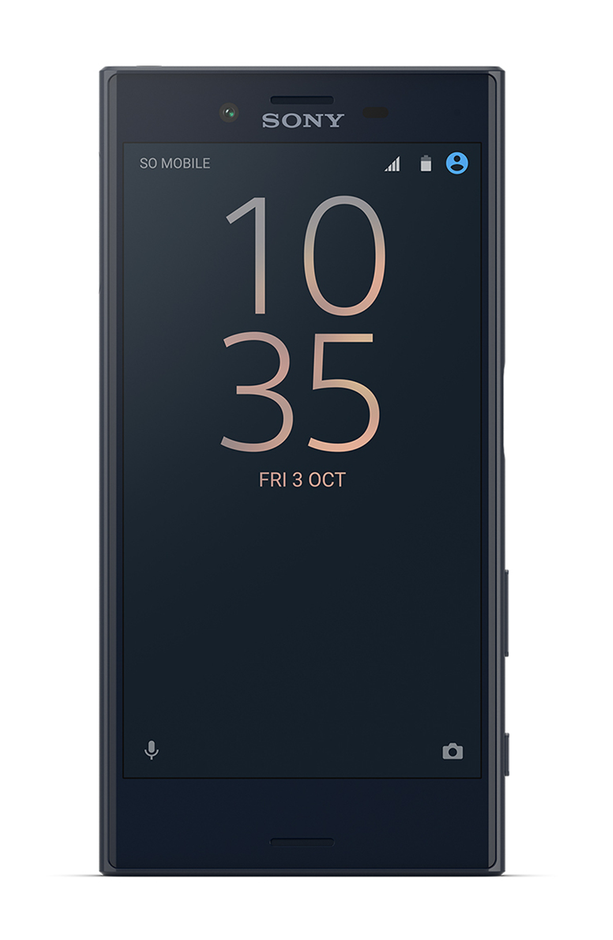 Schwarzes Sony-Telefon zeigt 10:35 auf dem Bildschirm an. Zeit und Datum sind sichtbar. Weißer Hintergrund.
