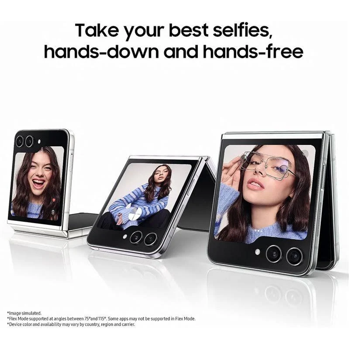 Trzy składane telefony Samsung, pokazujące selfie. Tekst: Zrób swoje najlepsze selfie.