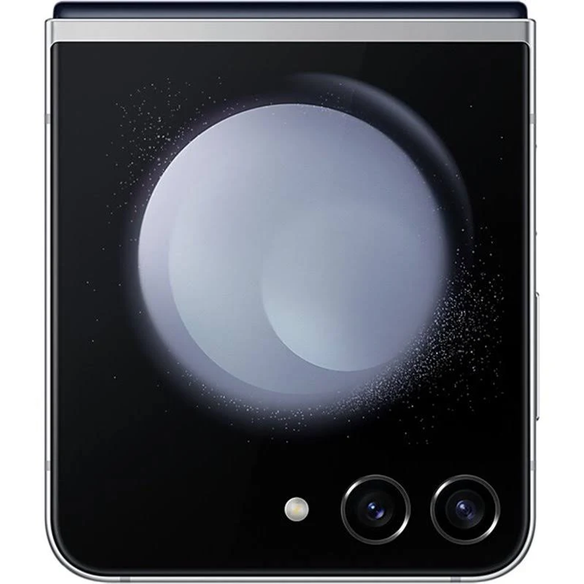 Złożony czarny smartfon pokazujący tył z podwójnymi aparatami i okrągłym wzorem na czarnej powierzchni.