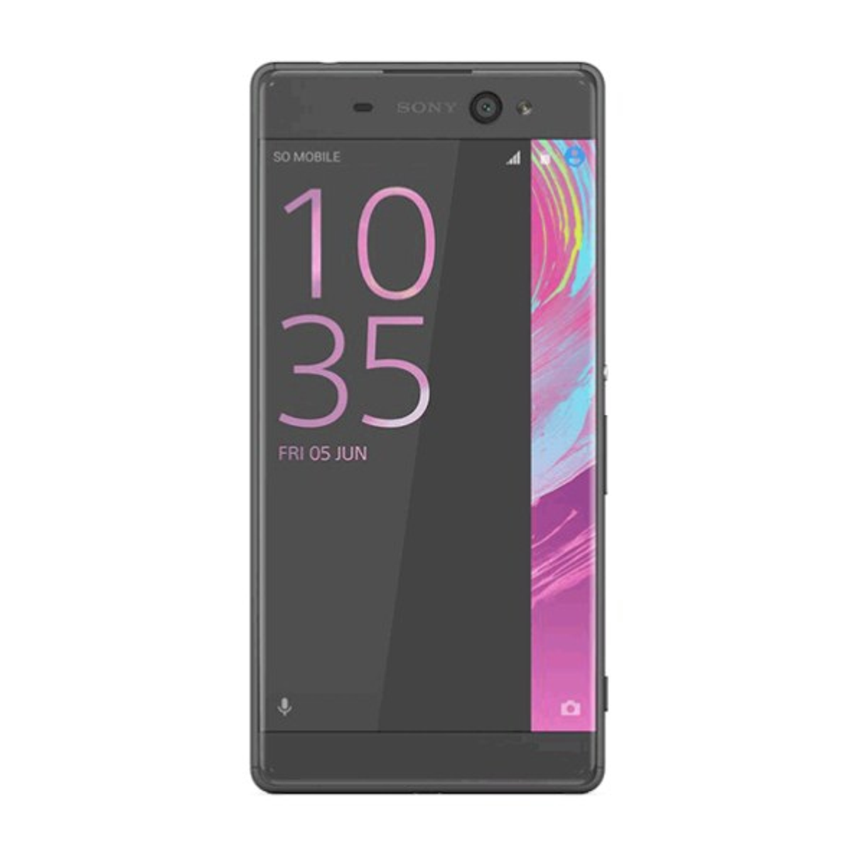 Schermo nero del telefono con data e ora, sfondo grigio.