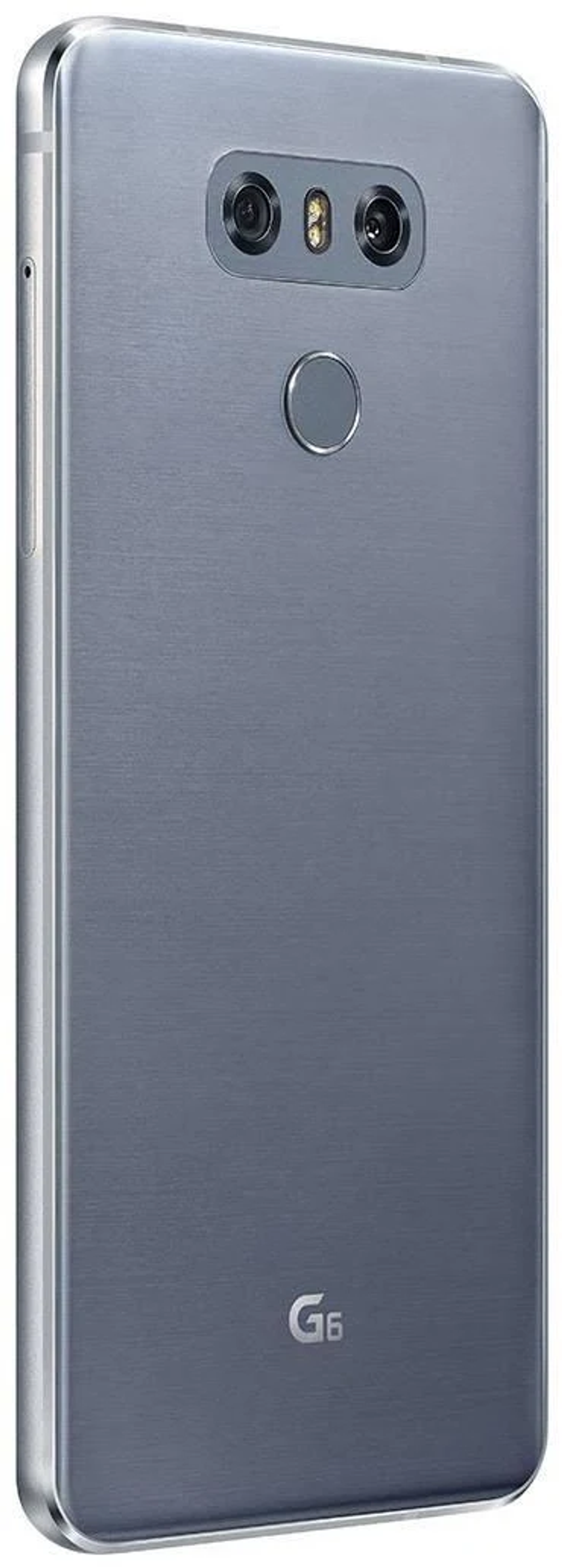 Silbernes Smartphone mit zwei Kameralinsen und Fingerabdrucksensor.