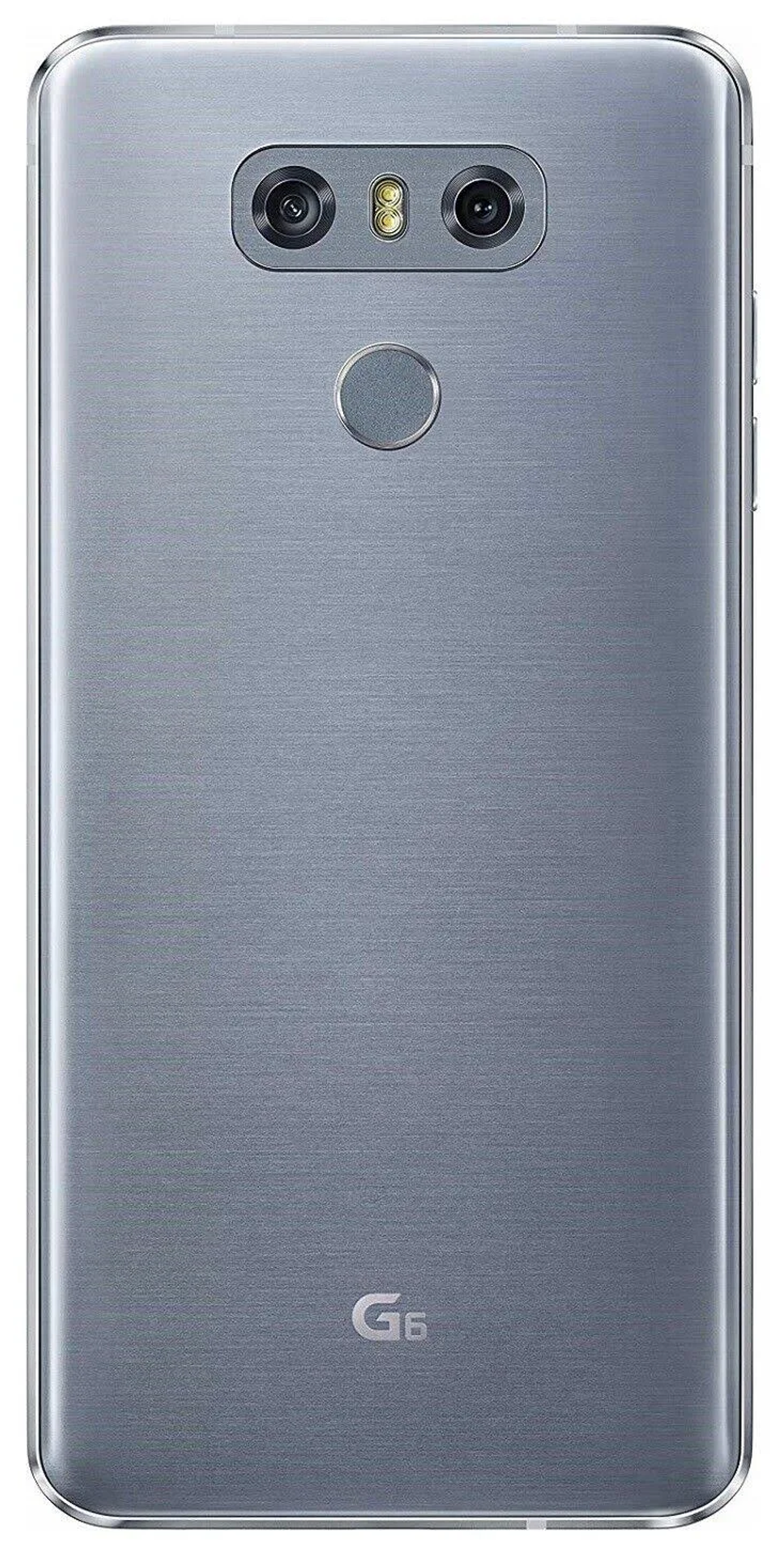 Die Rückseite eines silbernen LG G6 Telefons. Es hat zwei Kameras, einen Fingerabdrucksensor und die LG- und G6-Logos.