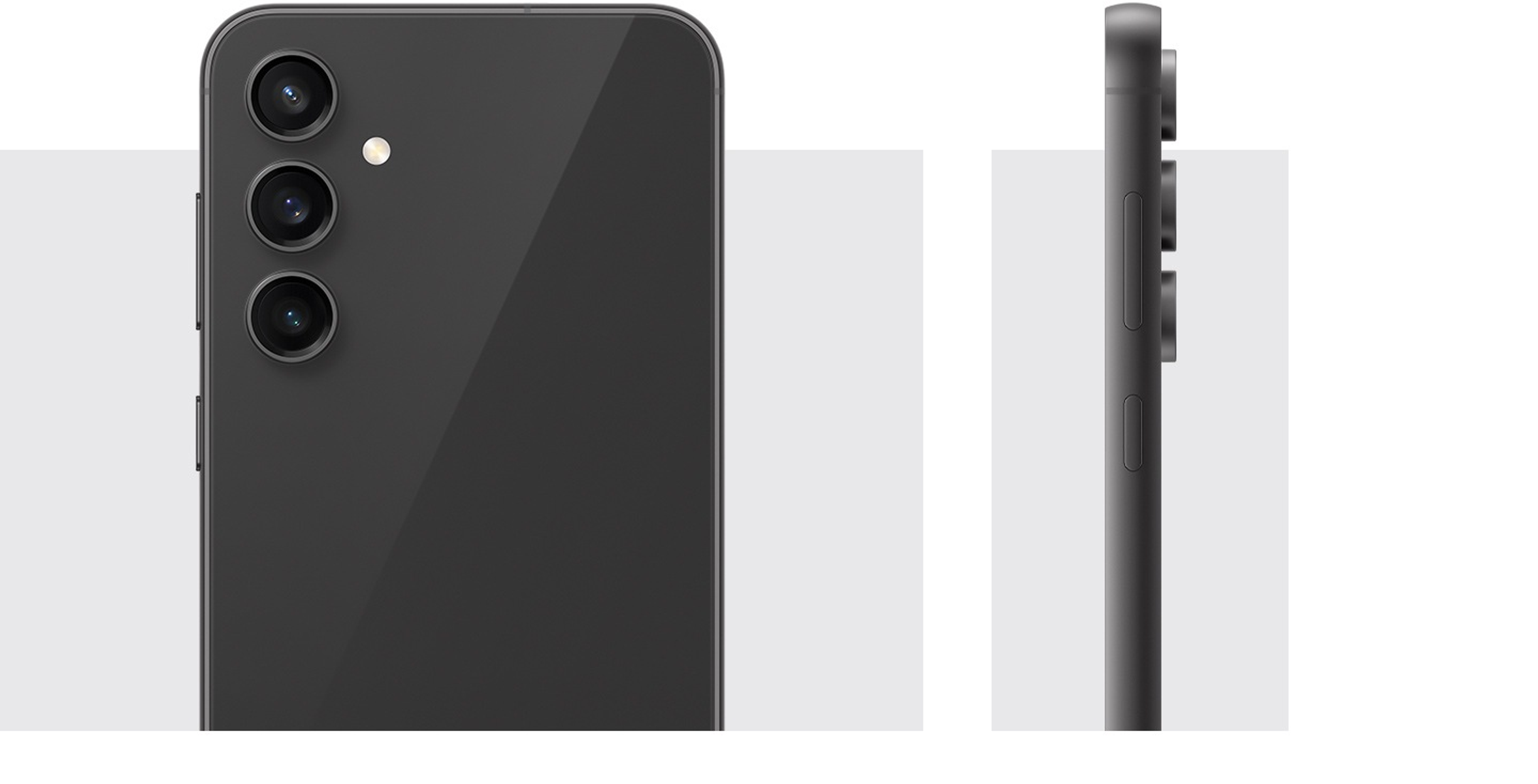 Schwarzes Samsung-Telefon, Rück- und Seitenansicht, mit drei Kameras.