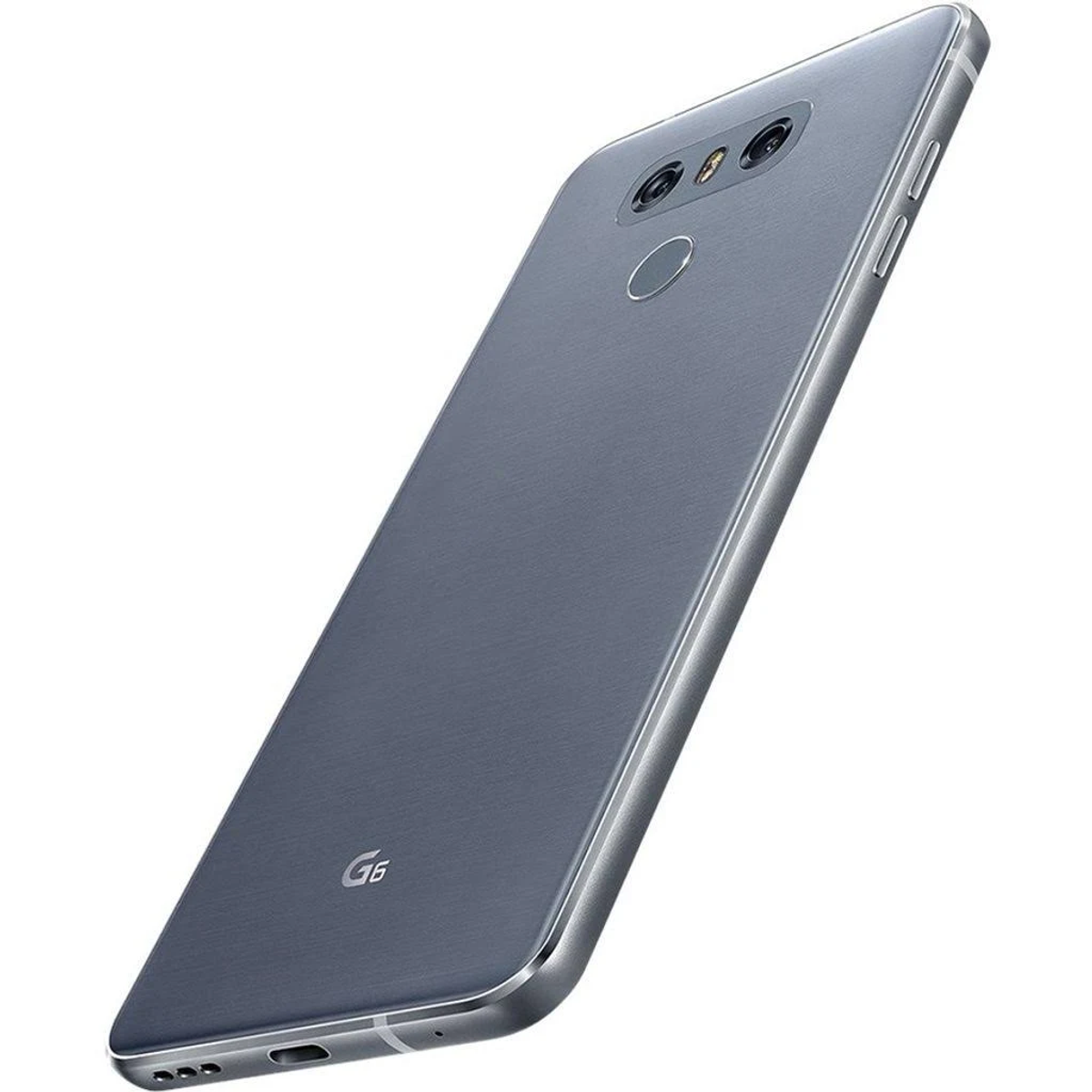 Graues LG-Telefon mit Dreifachkamera und Fingerabdrucksensor auf der Rückseite. Das Telefon ist geneigt.