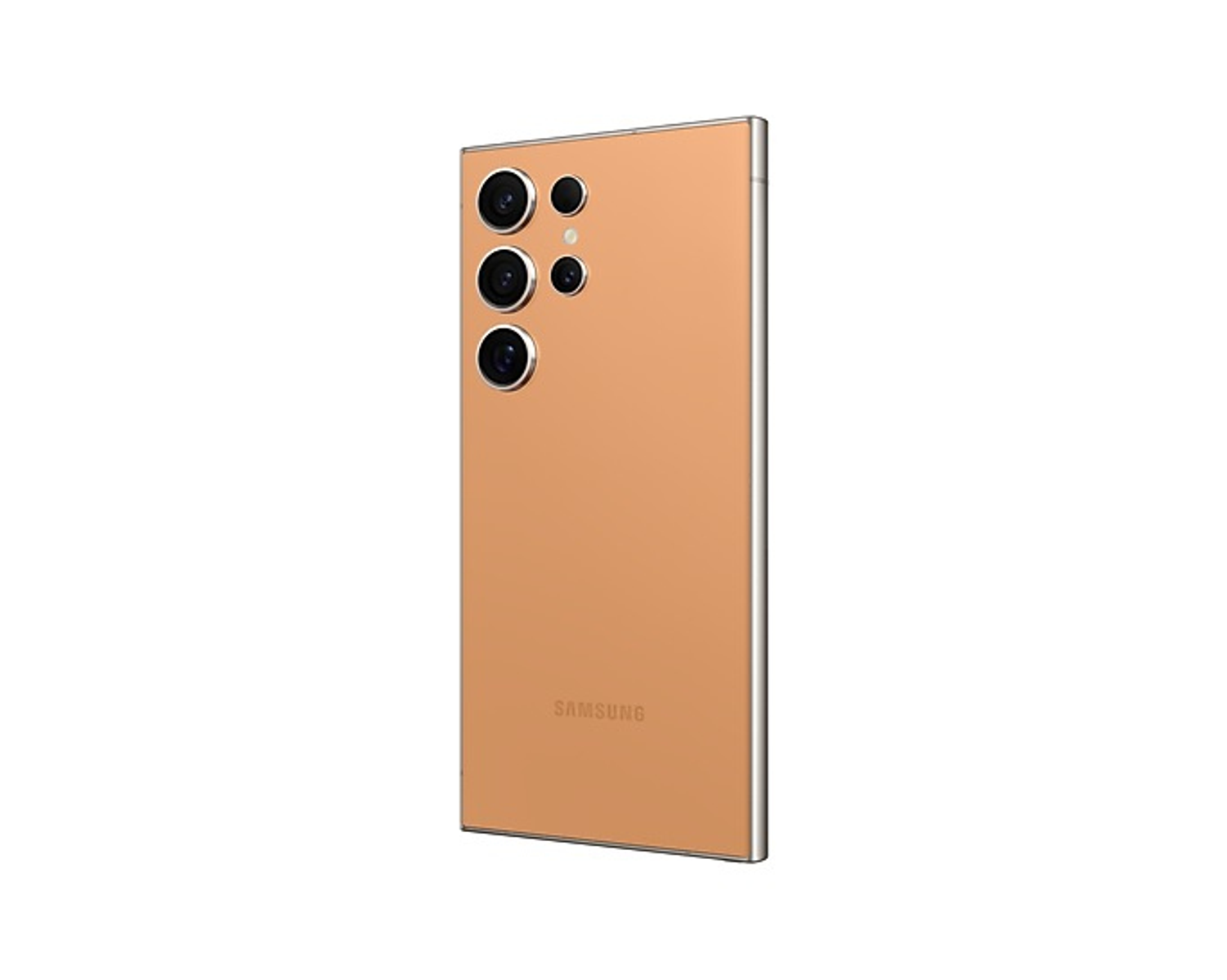 Złoty telefon Samsung z aparatami z tyłu. Projekt jest nowoczesny.