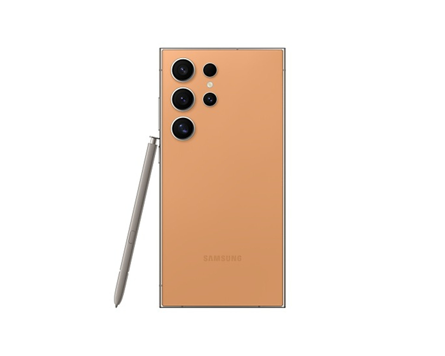 Tył złotego telefonu z wieloma obiektywami aparatu i rysikiem. Poniżej wydrukowano SAMSUNG.