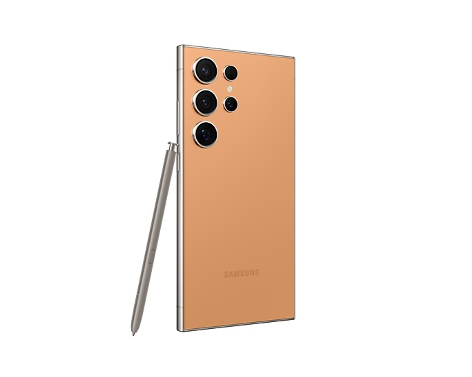 Złoty smartfon z wieloma aparatami i rysikiem.