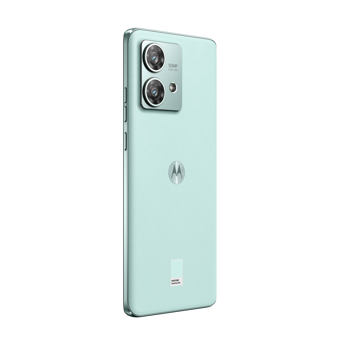 Tył miętowego telefonu. Podwójny aparat, logo Motorola i etykieta Pantone.