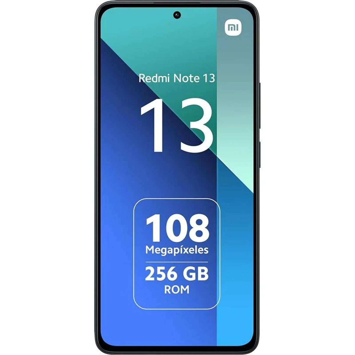 Redmi Note 13 Telefon mit großem '13' und '108 Megapixeles' Text auf dem Bildschirm. Schwarzer Rahmen. Weißer Hintergrund.