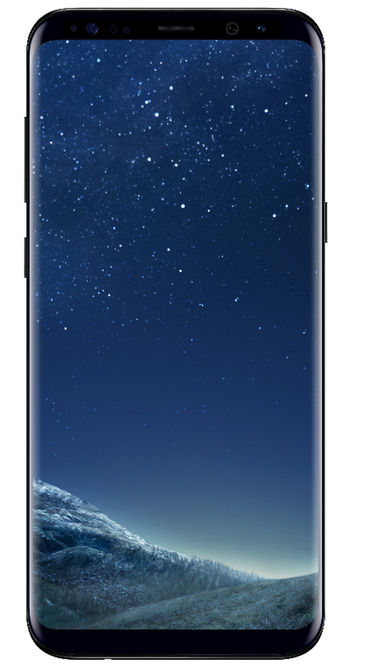 Smartphone nero, schermo mostra scena notturna stellata sopra una catena montuosa. Cornice nera.