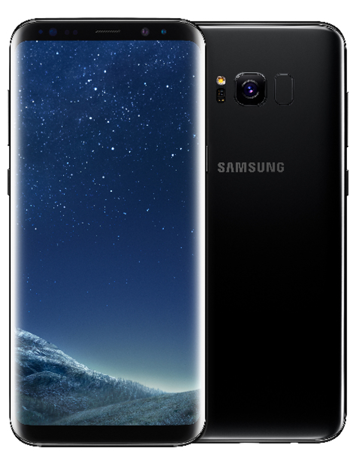 Smartphone nero con display stellato e retro nero. Logo Samsung visibile.
