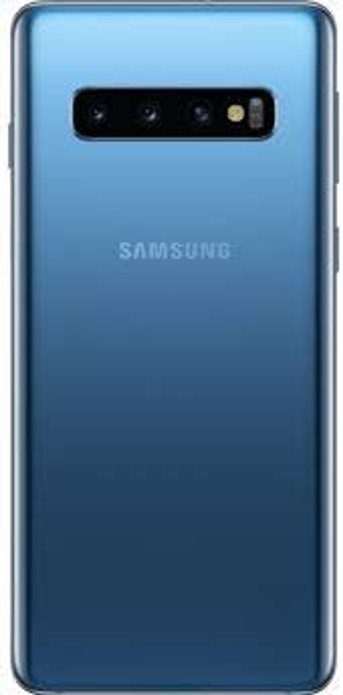 Parte trasera de un teléfono Samsung azul. Se ven tres lentes de cámara. La palabra 'SAMSUNG' está escrita. Fondo blanco.