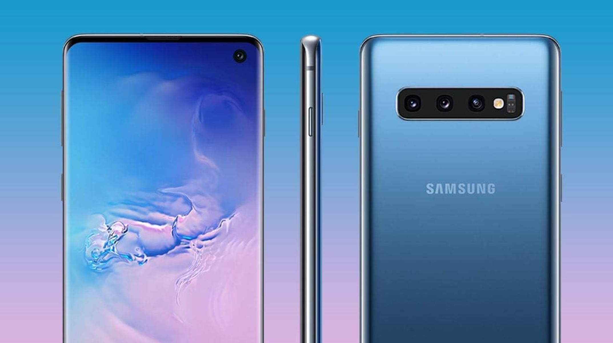 Un teléfono Samsung azul con tres vistas. Se muestran la parte frontal, lateral y trasera.