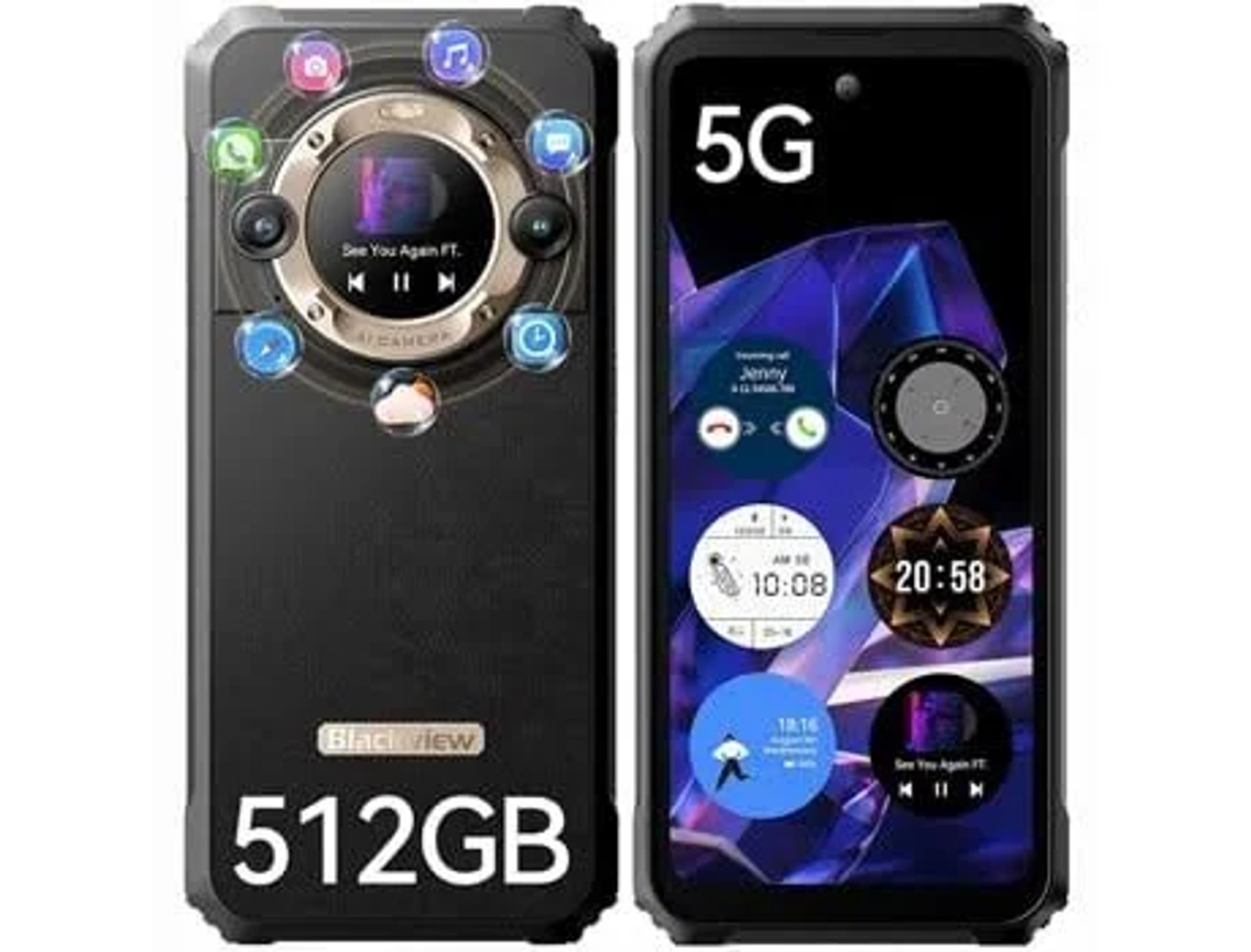 Due smartphone, uno nero con schermo colorato e l'altro con un design della fotocamera unico e loghi.