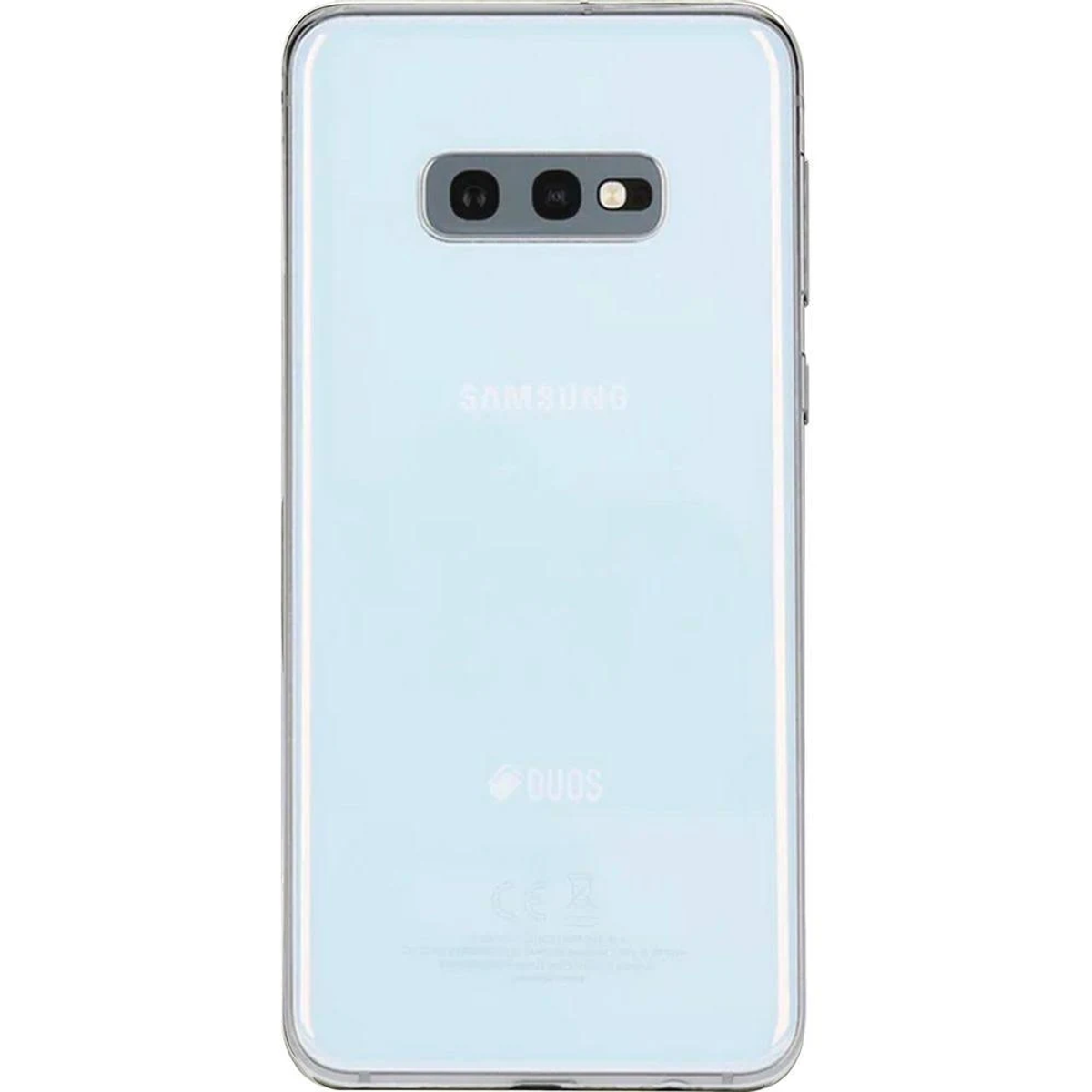 Vista posteriore di un telefono azzurro con fotocamera e logo Samsung.