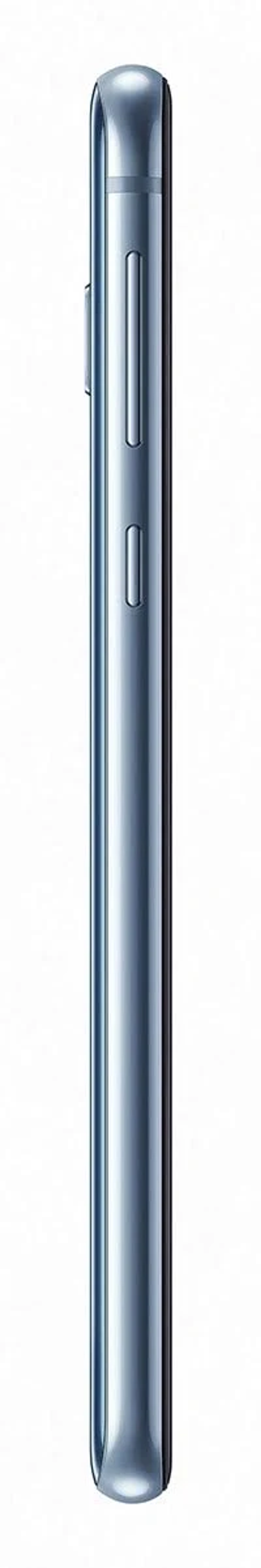 Vista laterale di uno smartphone argentato, design pulito ed elegante.