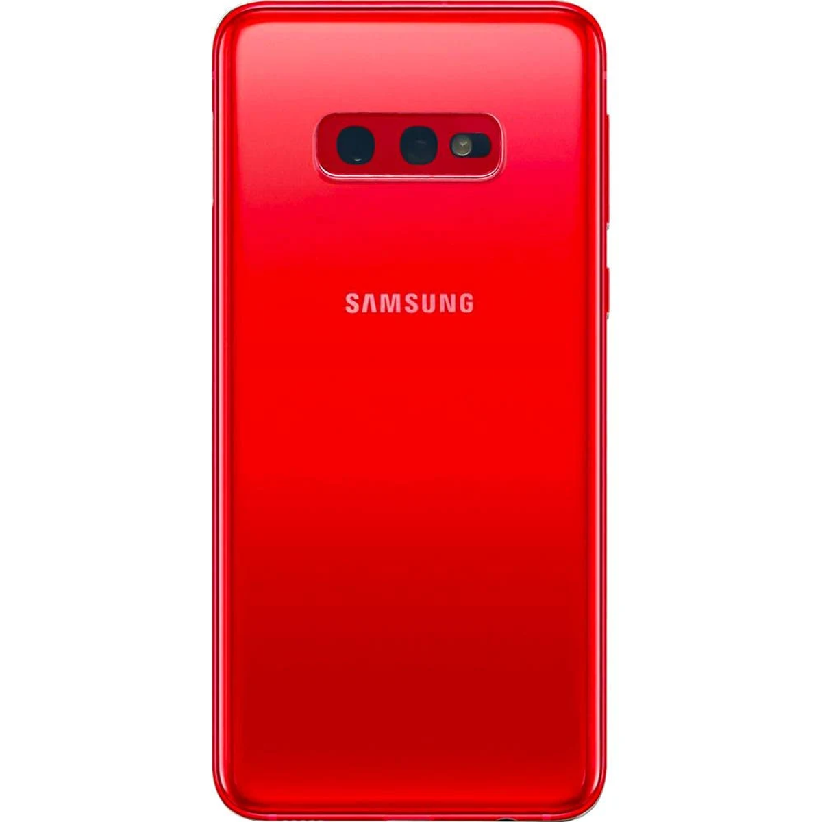 Smartphone rosso, vista posteriore, con logo Samsung e array di fotocamere.