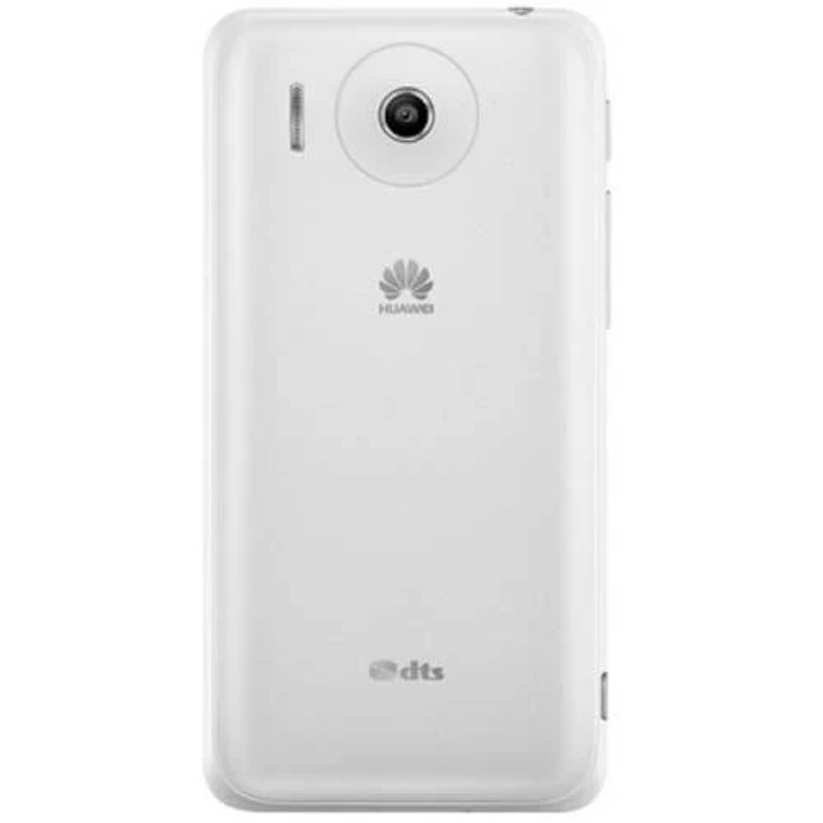 Weiße Telefonrückseite mit Kamera, Huawei-Logo und DTS-Label.