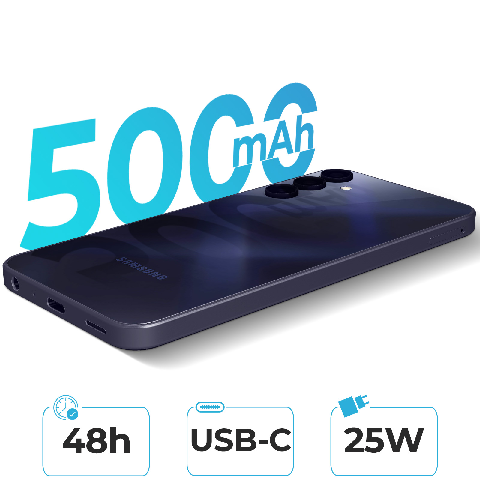 Czarny smartfon z niebieskim tyłem. Funkcje: 5000 mAh, bateria 48h, USB-C, ładowanie 25W.