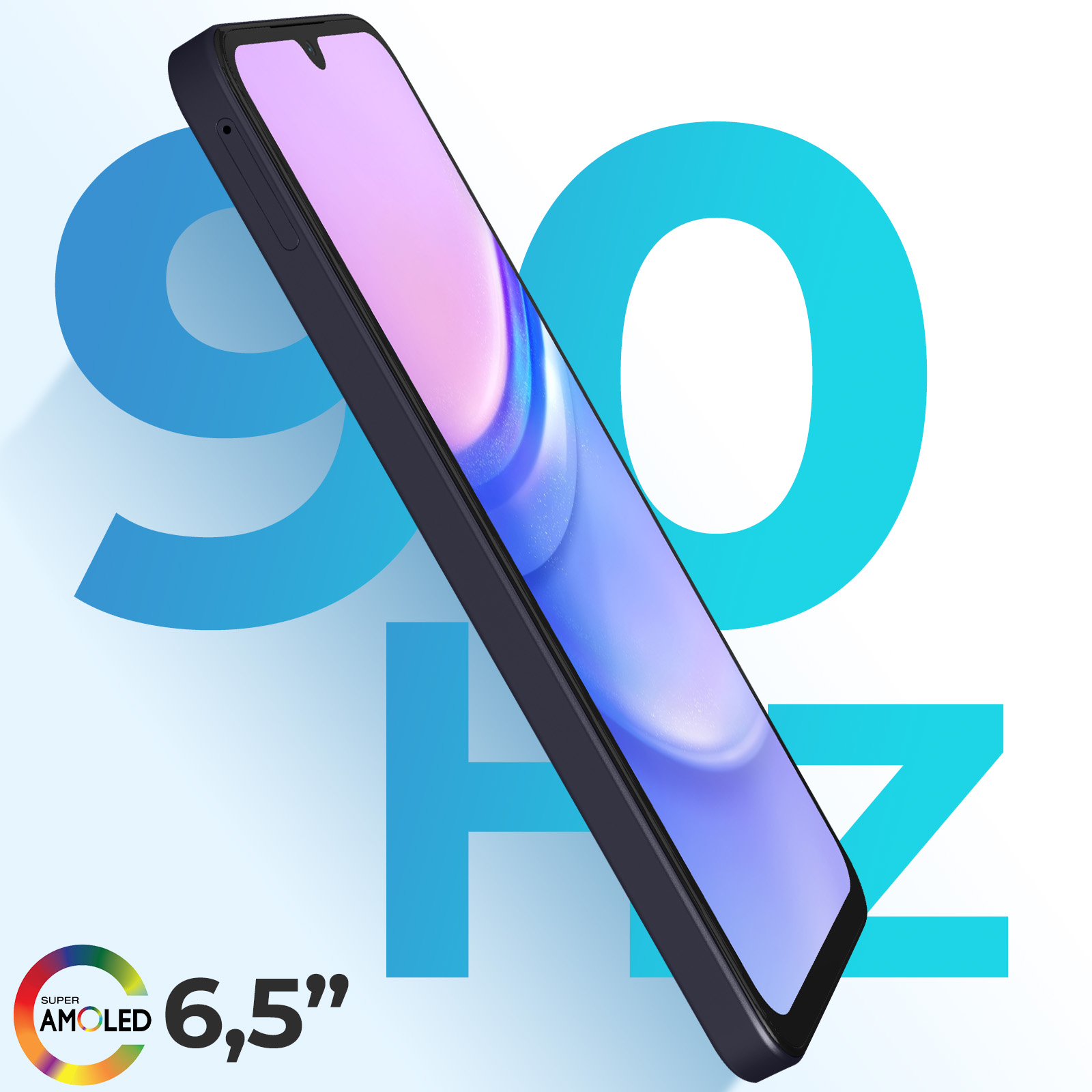 Telefon z czarną ramką i niebieskim ekranem z 90 Hz i 6,5”.