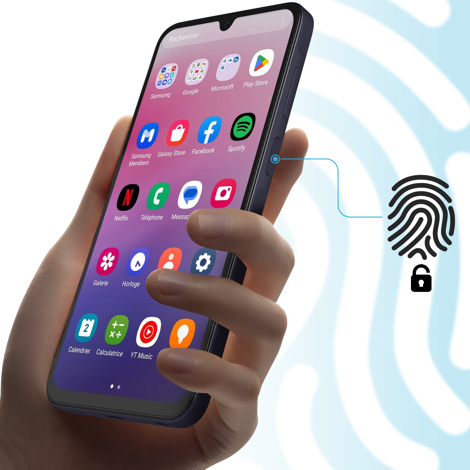 Ręka trzymająca smartfon, ikona skanera linii papilarnych. Ikony aplikacji na ekranie są widoczne.