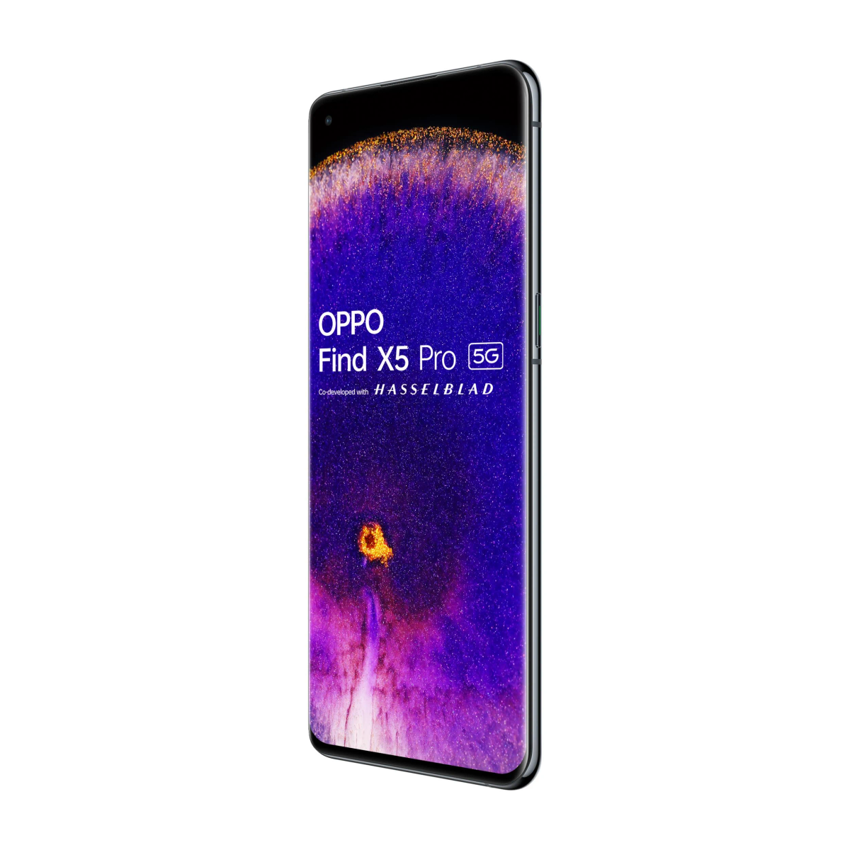 OPPO Find X5 Pro 5G-Telefon. Grüner Rahmen, gewölbter Bildschirm, lila und goldfarbenes Design.