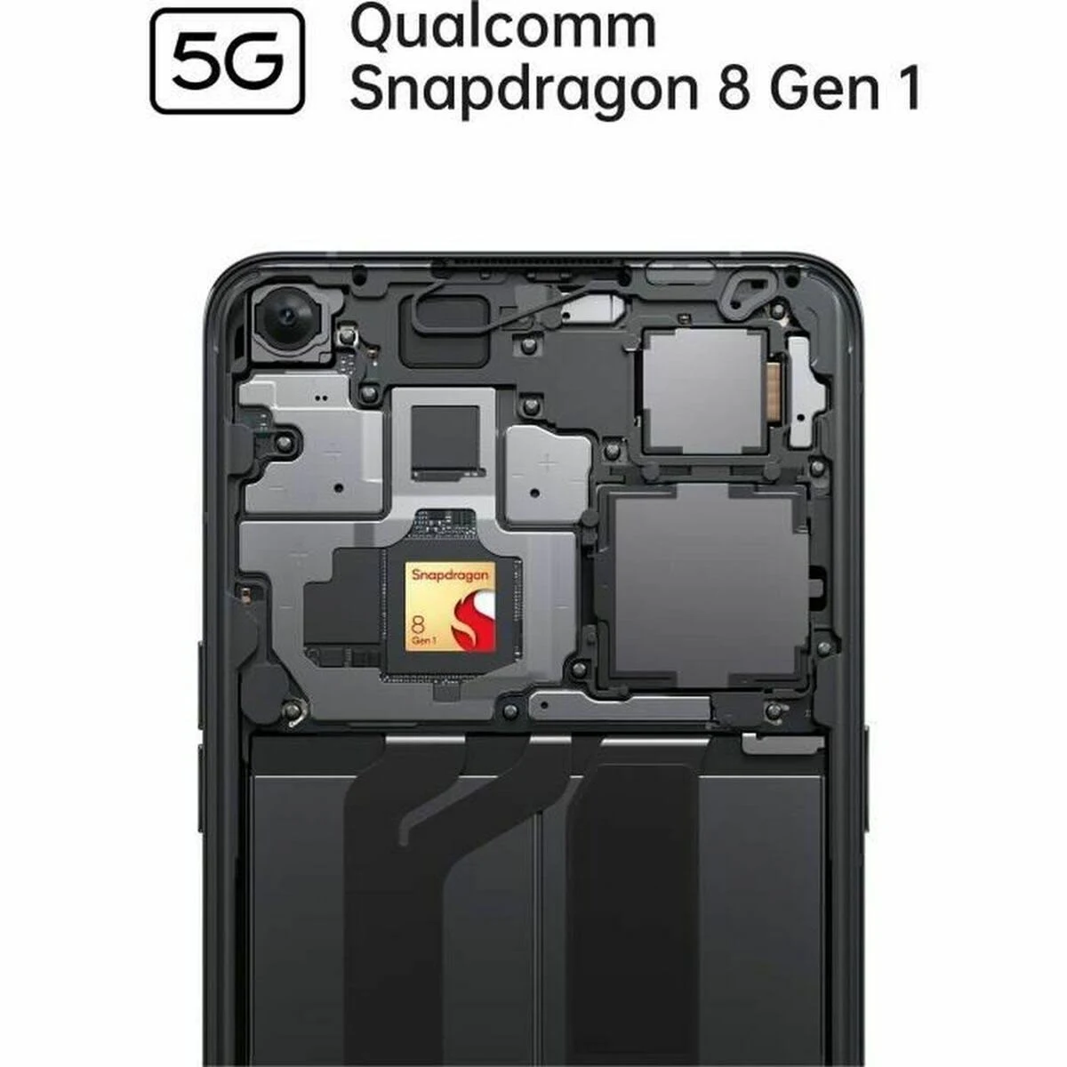 Die inneren Komponenten des Telefons werden gezeigt. Ein Chip mit der Aufschrift 'Snapdragon 8 Gen 1' steht im Fokus. Oben befindet sich ein '5G'-Logo.