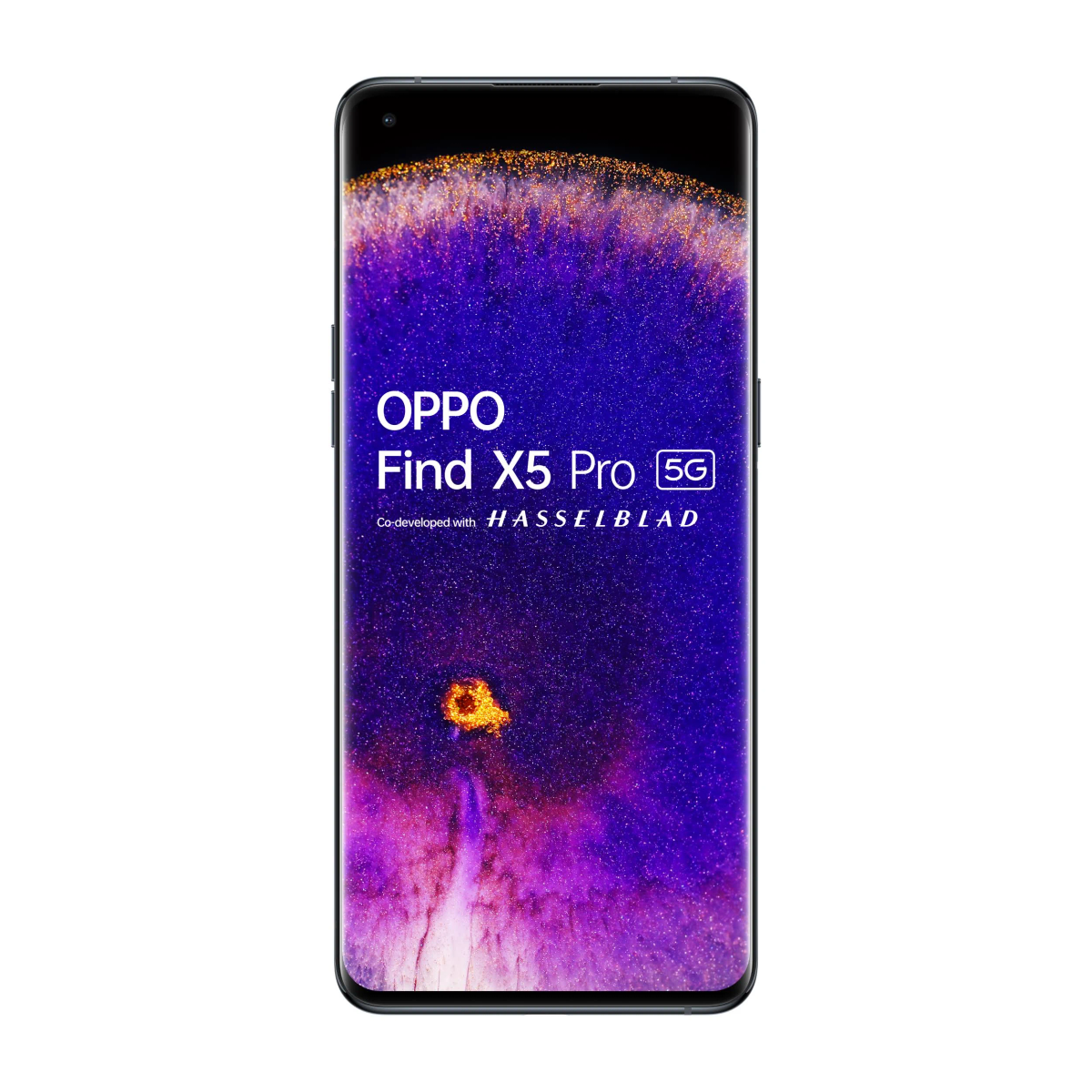 OPPO Find X5 Pro 5G Smartphone-Bildschirm. Der Bildschirm zeigt ein lila und goldenes Design.