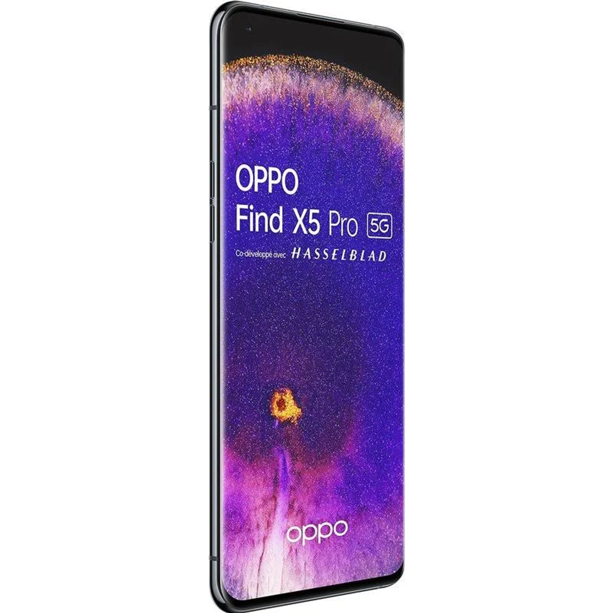 OPPO Find X5 Pro 5G Telefon mit lila Bildschirm. Mit Hasselblad-Logo.