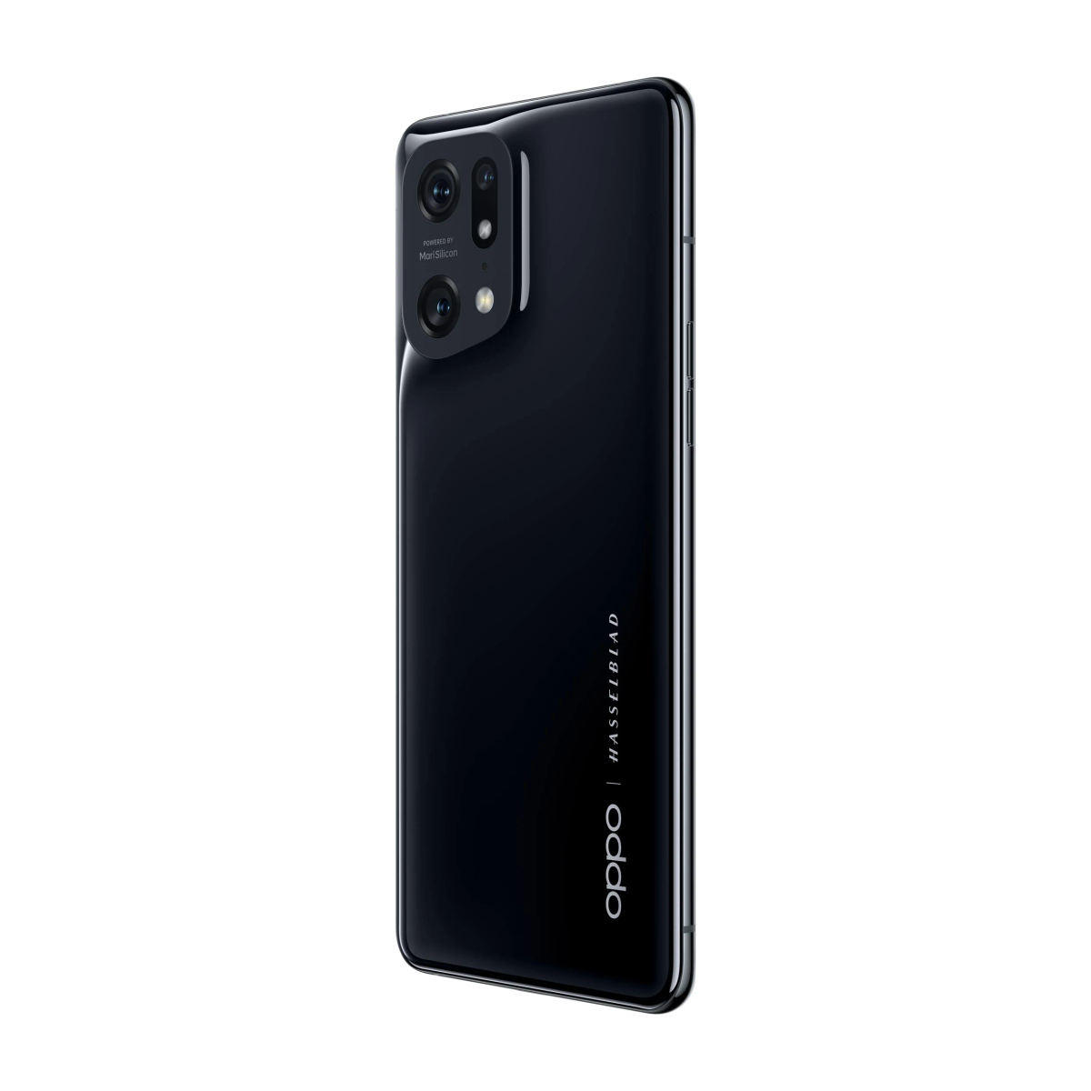 Schwarzes Smartphone Rückansicht mit drei Kameras, Hasselblad- und Oppo-Logo.