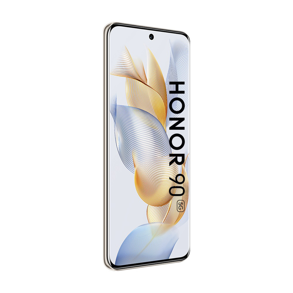 Telefon Honor 90 pod kątem, pokazuje słowo 'HONOR' na ekranie. Złota ramka. Białe tło.