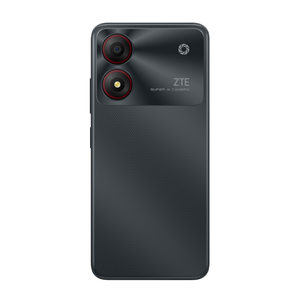 Parte trasera de un teléfono ZTE gris oscuro con dos cámaras con anillos rojos y textura.