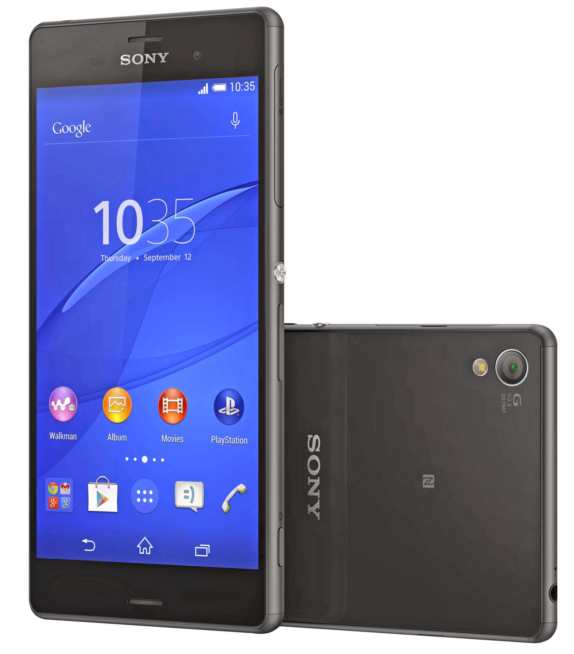 Czarno-szary smartfon, ekran wyświetla ikony. Widoczne logo Sony i aparat.