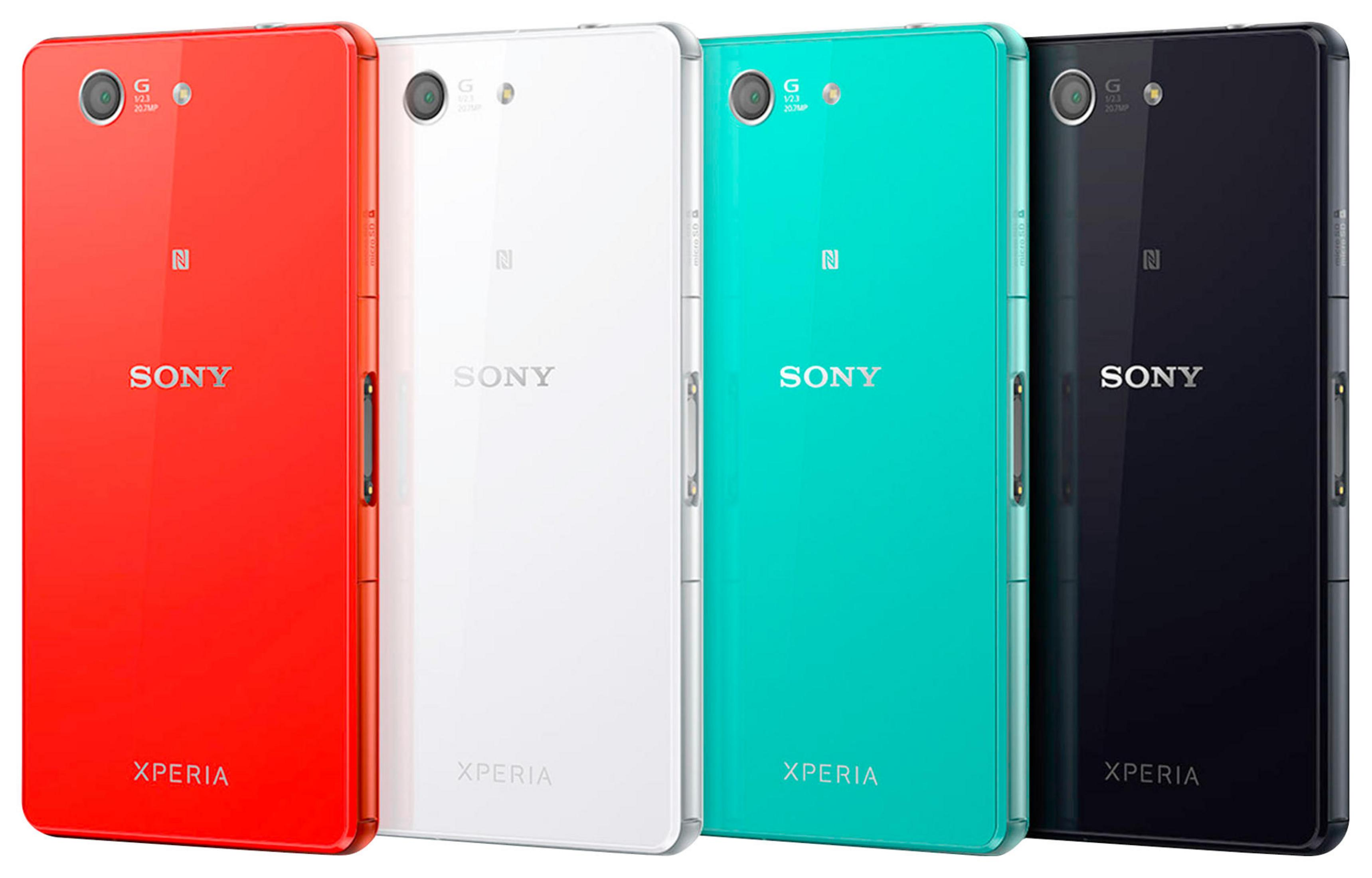 Cztery telefony Sony Xperia w kolorach czerwonym, białym, turkusowym i czarnym. Z logo.