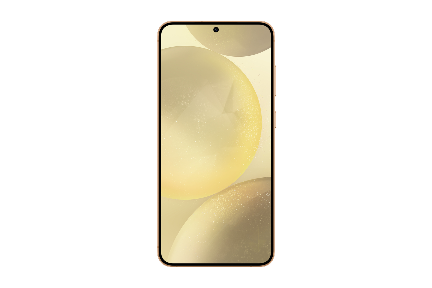 Widok z przodu złotego telefonu. Ekran pokazuje żółte kule na białym tle.