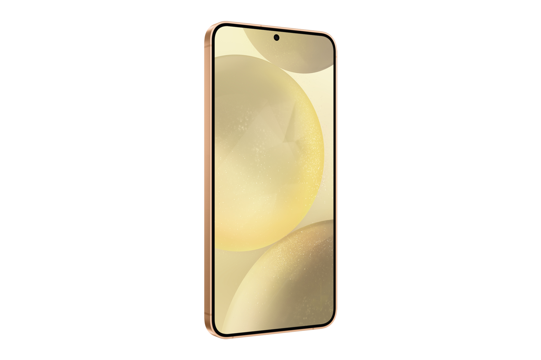 Złoty telefon z zaokrąglonym wyświetlaczem. Telefon jest pochylony w prawo, na białym tle.