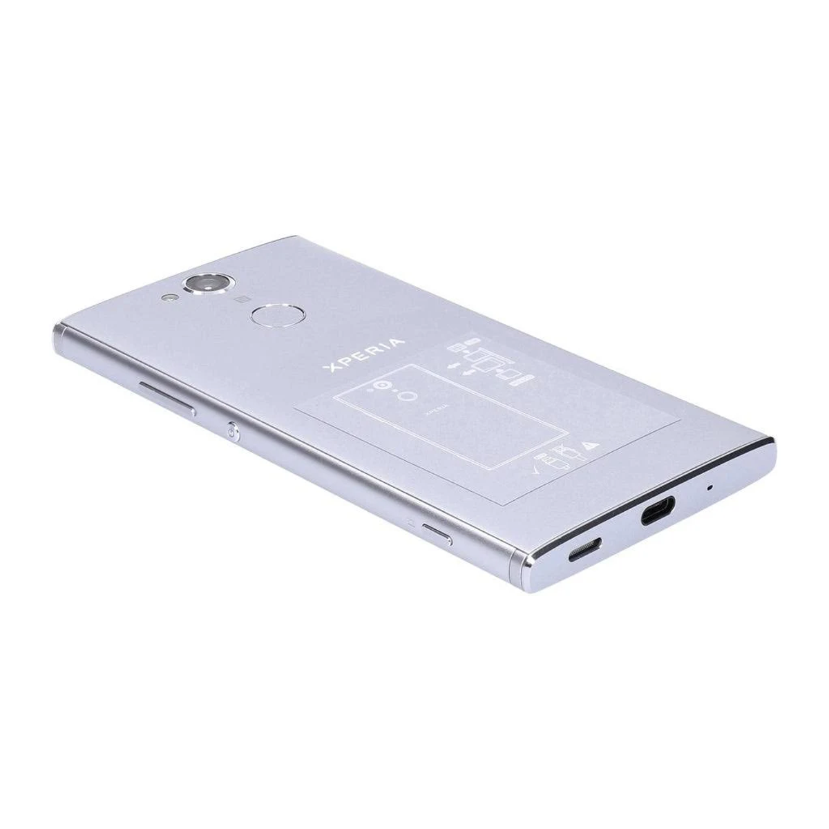 Ein silbernes Xperia-Telefon, abgewinkelt, zeigt die Rückseite, mit Kamera und etwas Text und Symbolen.