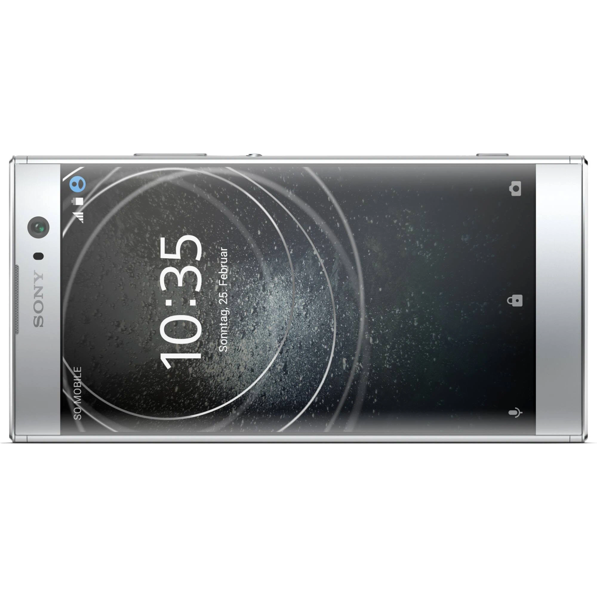 Silbernes Sony-Smartphone, Bildschirm mit Uhrzeit und Datum, mit seitlicher Kamera.