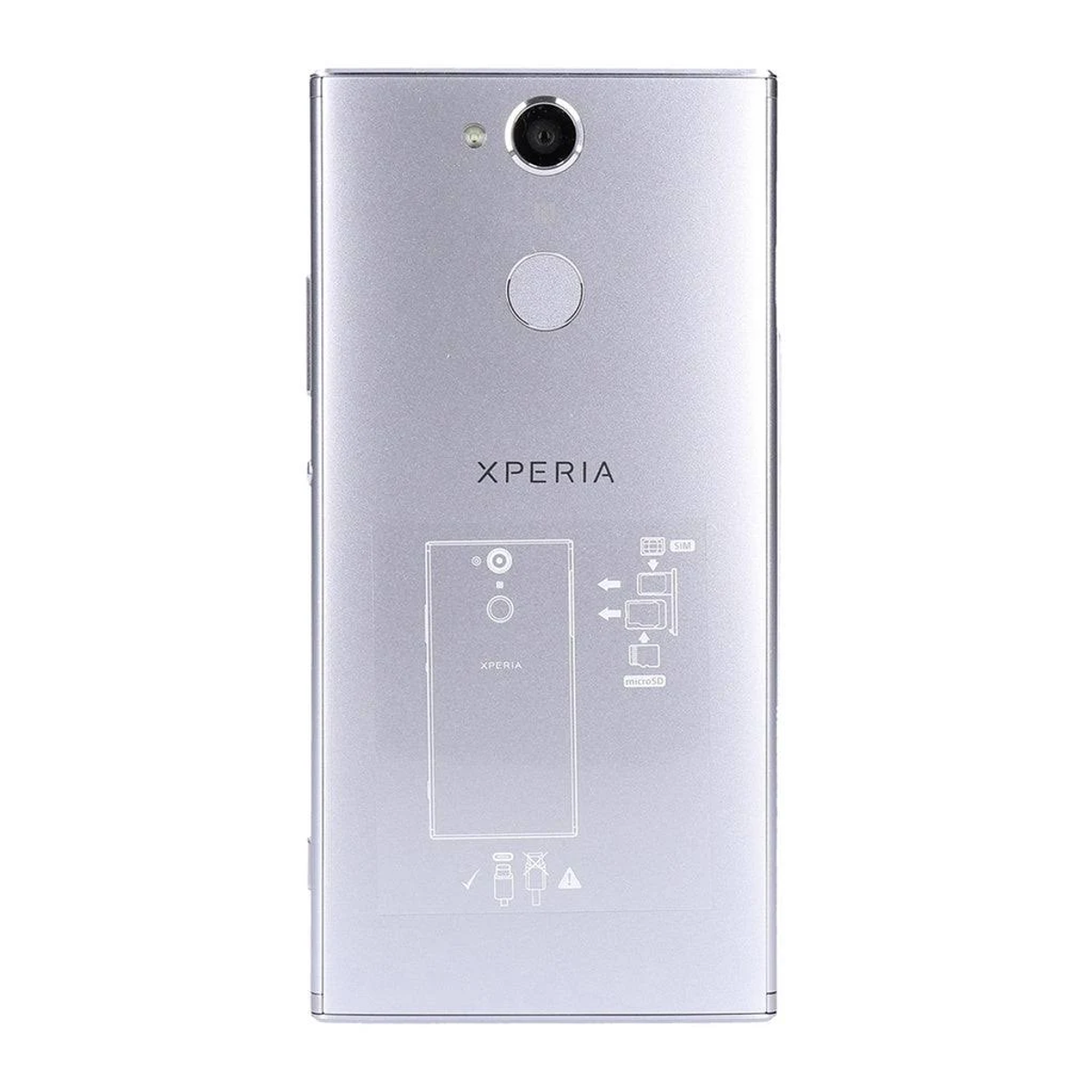 Silberne Telefonrückseite. Kamera und XPERIA-Logo oben. MicroSD- und SIM-Slot-Details, weißer Hintergrund.